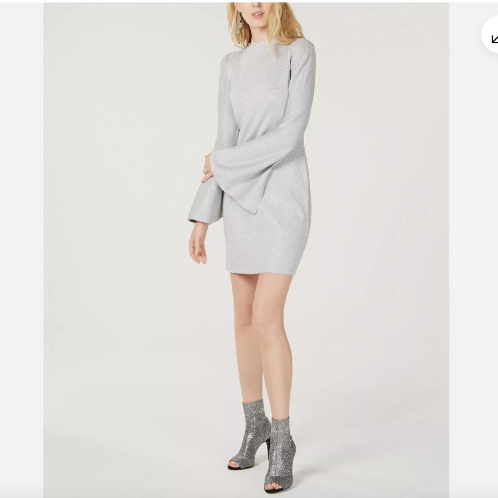 INC Bell-Sleeve Sweater Dress, Silver, Size L